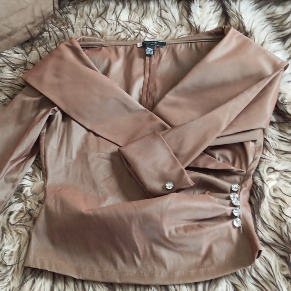 JS Boutique Satin Long Sleeve Blouse in Taupe
